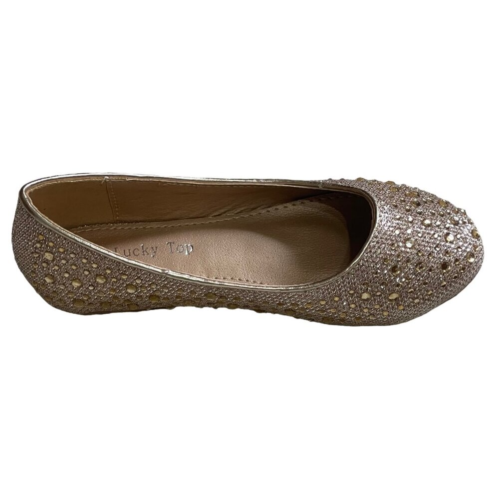 Lucky Top Toddler Girl Gold Sparkle Rhinestone Glitter Ballet Flat Dress Shoe 9 - Picture 4 of 6